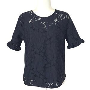 Monteau Lace Short Sleeve Blouse Top Women's L | Navy Blue Feminine Twee
